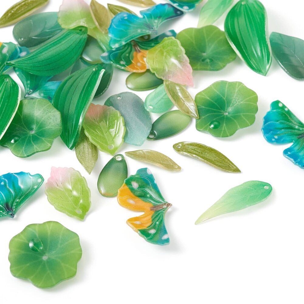 8033 40Pcs Plastic Green Leaf Beads Charms 10 Styles Plant Leaf Petal Bead